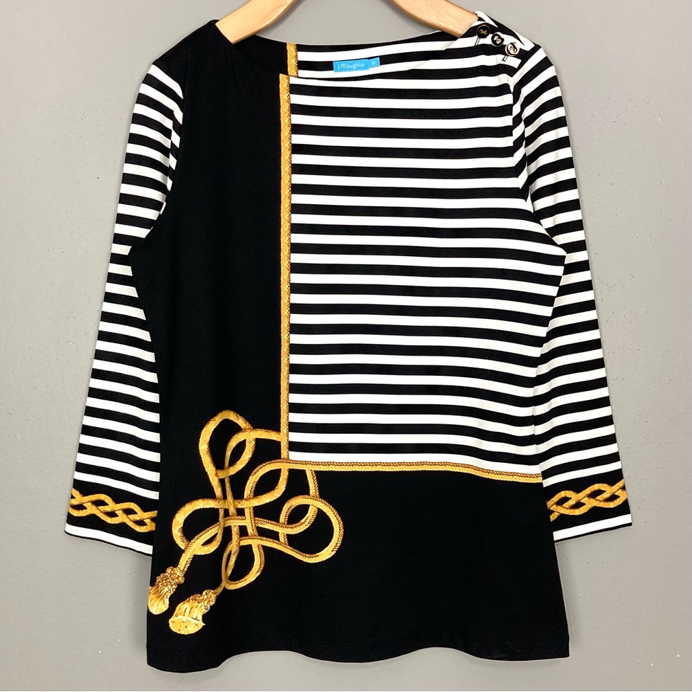 J. McLaughlin Black White Striped Top with Gold Trim